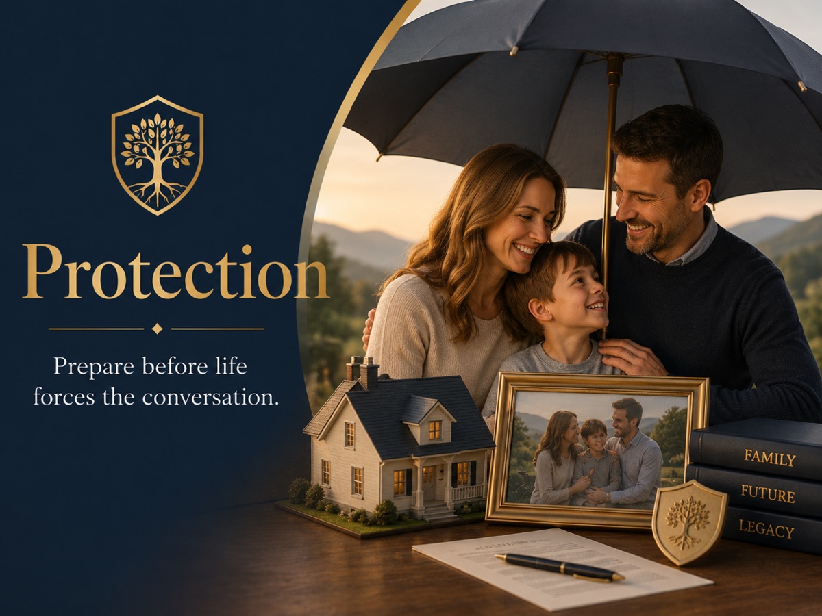 A family sheltered together under an umbrella, with their home and family photos beside an estate plan