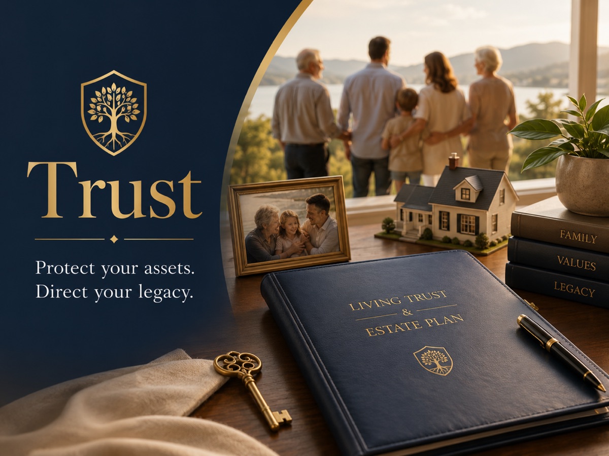 A living trust and estate plan resting on a desk, with a family looking out over a lake