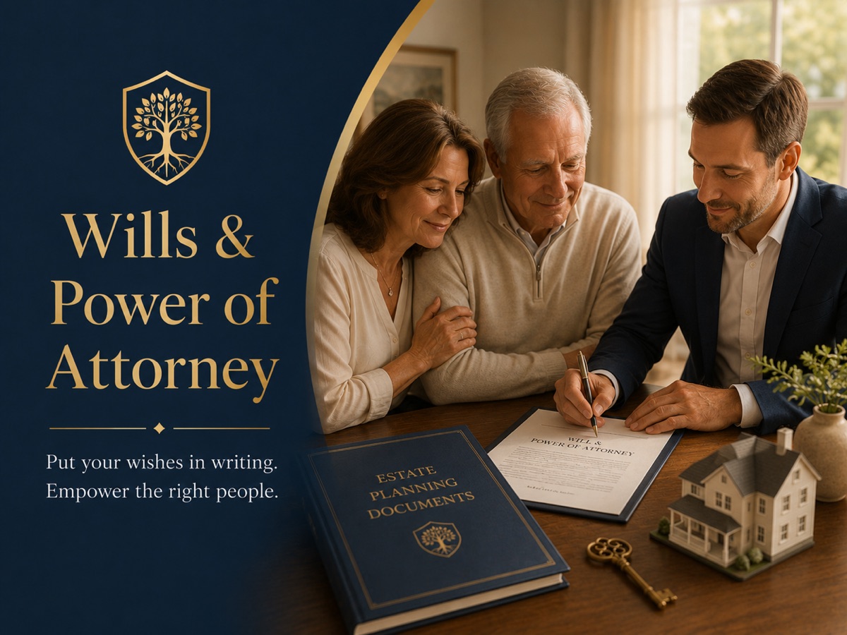 A couple reviewing their will and power of attorney with an advisor at their kitchen table